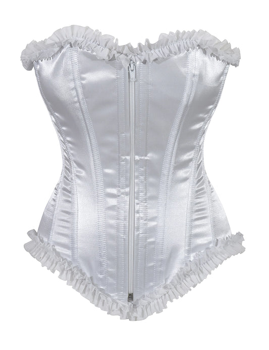 Ladies White Satin Corset Top With Zip And Frill