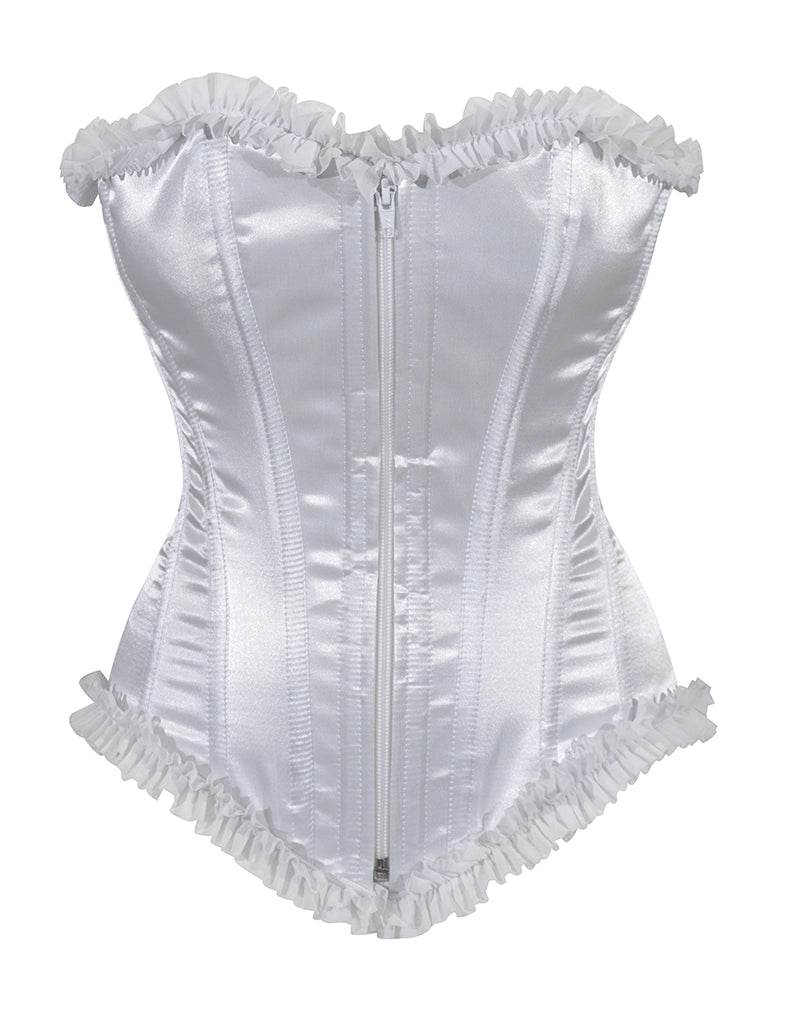 Ladies White Satin Corset Top With Zip And Frill - thefancydress.co.uk