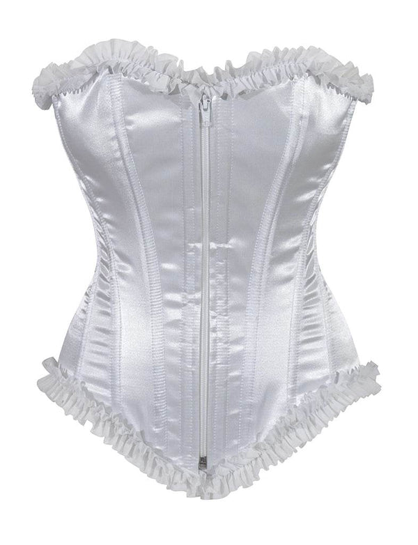 Ladies White Satin Corset Top With Zip And Frill - thefancydress.co.uk