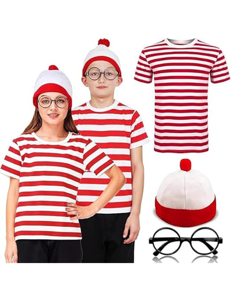 Kids' Red and White Striped T-Shirt, Knitted Hat & Black Wizard Glasses Set