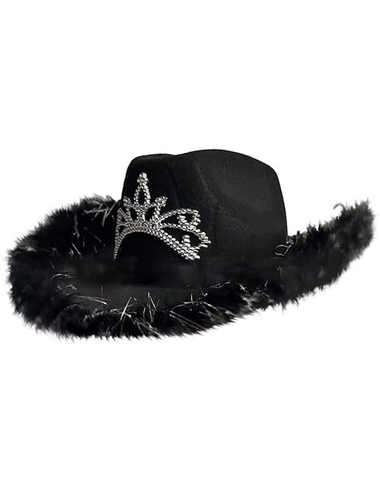Ladies Tiara Cowgirl Hat with with Fluff Trim Marabou Trim black