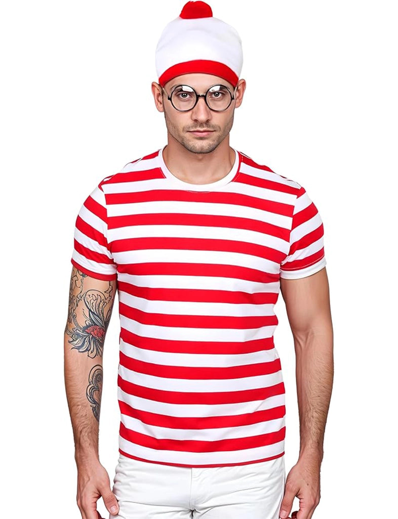 Men's Theme Event Red and White Striped T-Shirt, Knitted Hat, Black Wizard Glasses Set