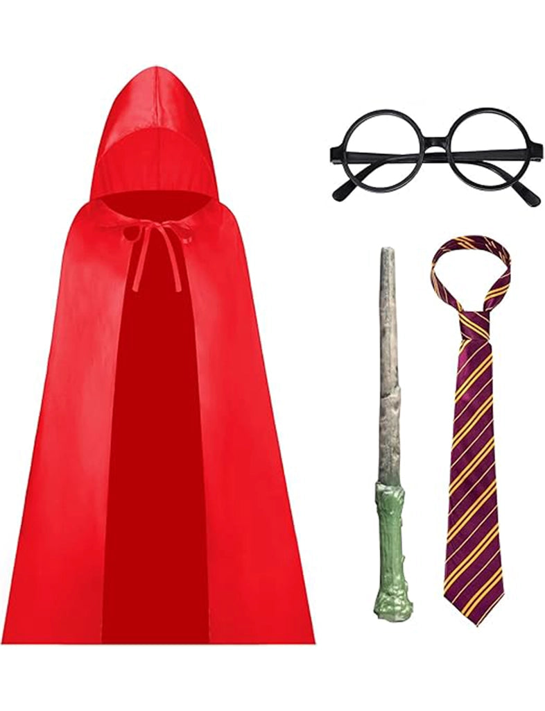 Kids 4PC Satin Cape Fancy Dress Costume Accessory Set | Premium School Boy Cape, Tie, Glasses, Wizard Wand Sets red