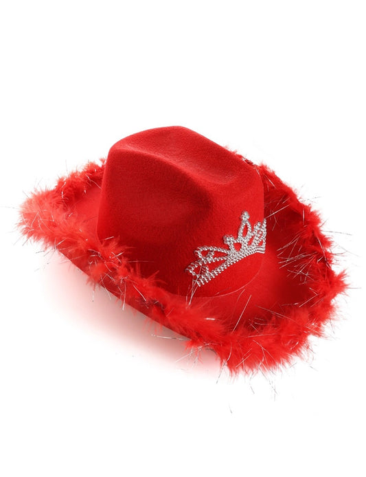 Ladies Tiara Cowgirl Hat with with Fluff Trim Marabou Trim red
