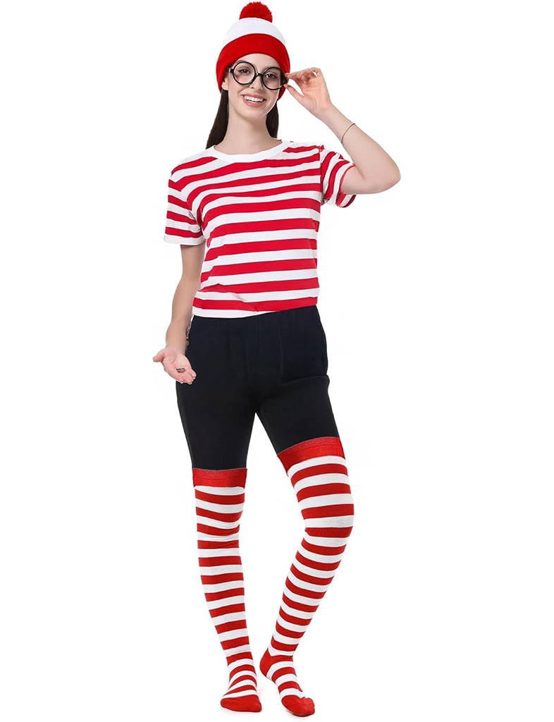 Women's Red and White Striped T-Shirt, Striped Socks, Knitted Hat, Black Wizard Glasses Set