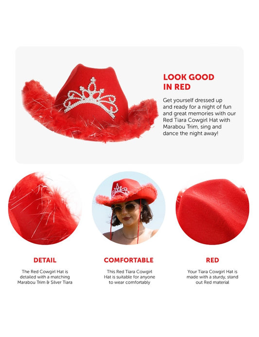 Ladies Tiara Cowgirl Hat with with Fluff Trim Marabou Trim red