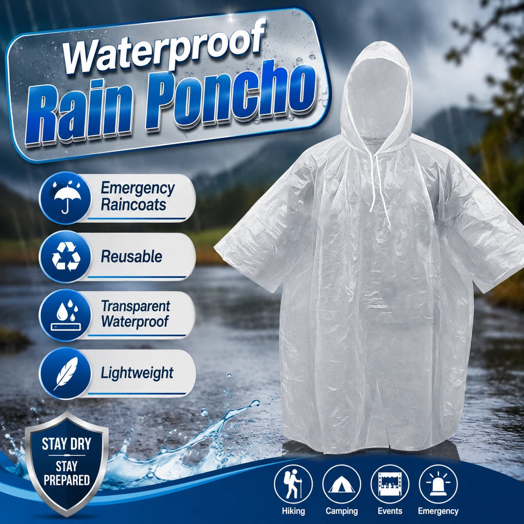 Waterproof Rain Poncho Reusable Disposable Hooded Emergency Raincoat