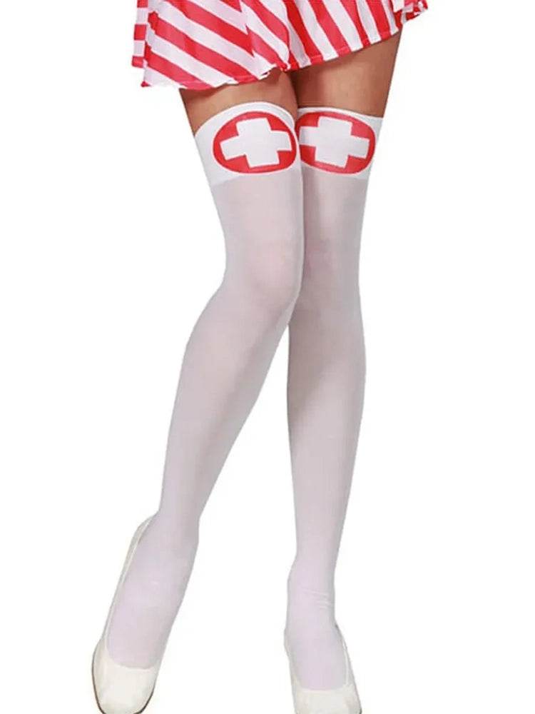 White Nurse Overknee Stockings Red Cross Costume Socks - thefancydress.co.uk