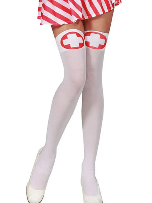 White Nurse Overknee Stockings Red Cross Costume Socks