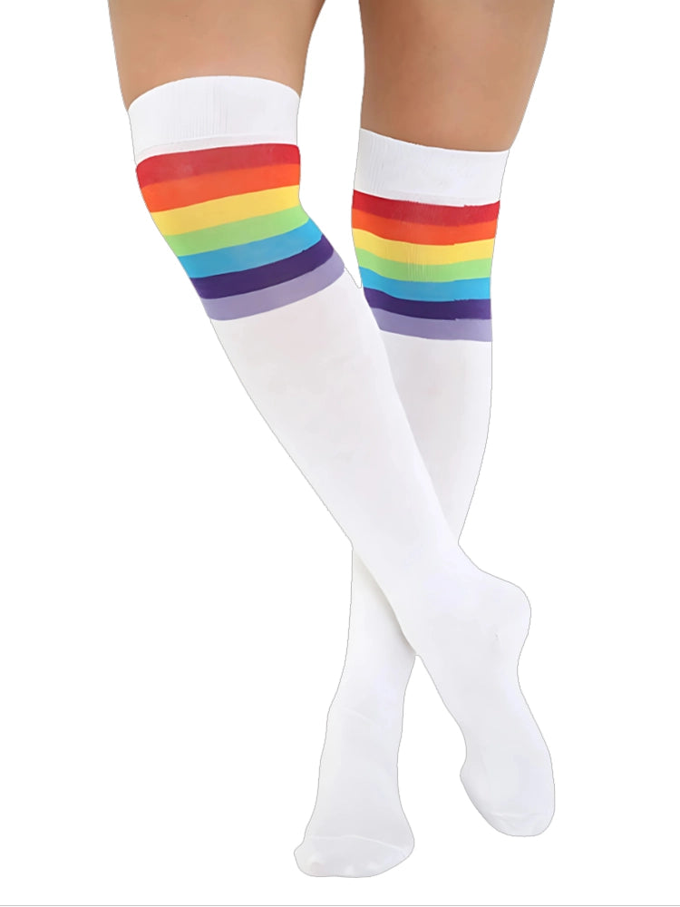 Womens 3 Stripes OTK White & Raimbow Cotton Thigh High Socks