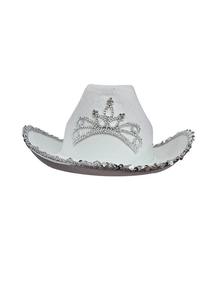Light Up Tiara White Cowboy Hat with Sequin Trim - thefancydress.co.uk