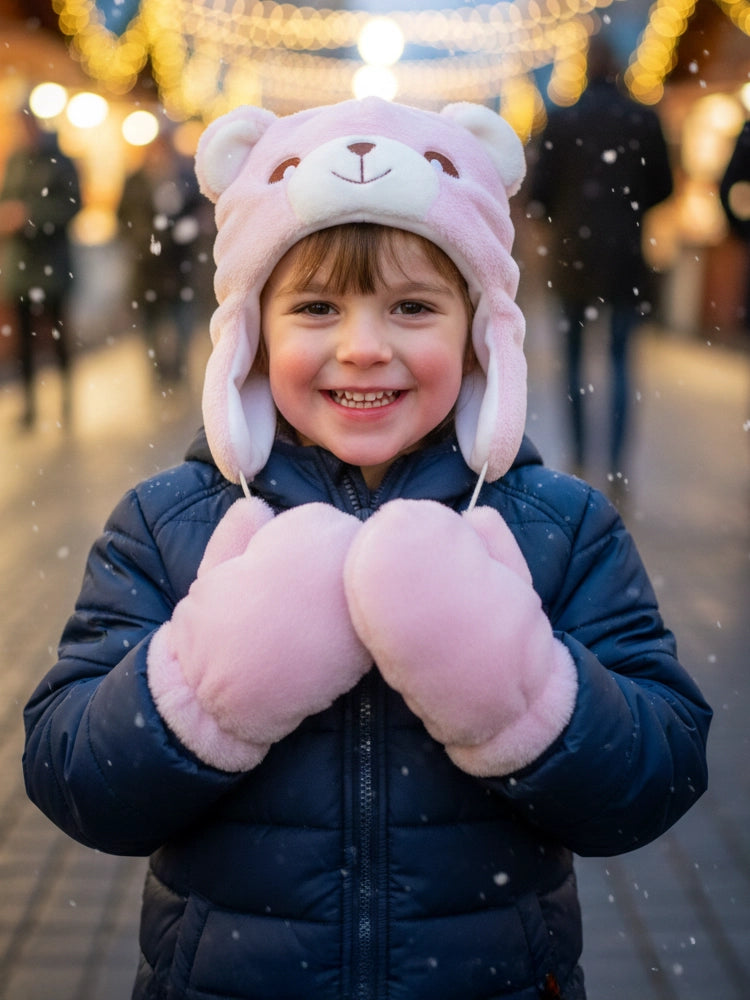 Winter Kids Cute Bear 2pc Set Of Hat And Gloves
