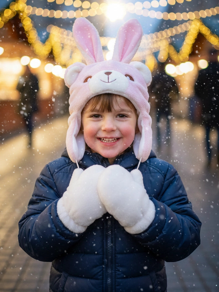Winter Kids Cute Rabbit 2pc Set Of Hat And Gloves