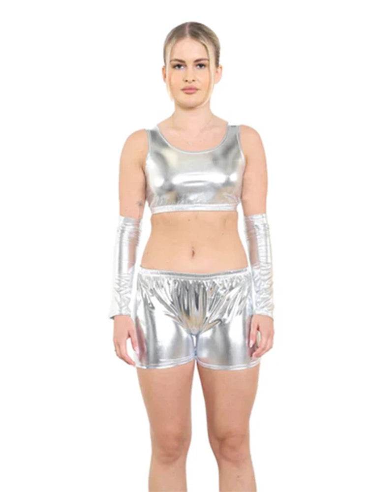 Women Shiny Metallic Crop Top - thefancydress.co.uk