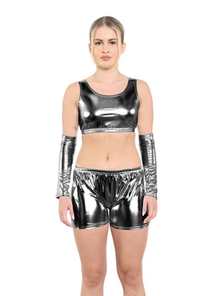 Women Shiny Metallic Crop Top - thefancydress.co.uk