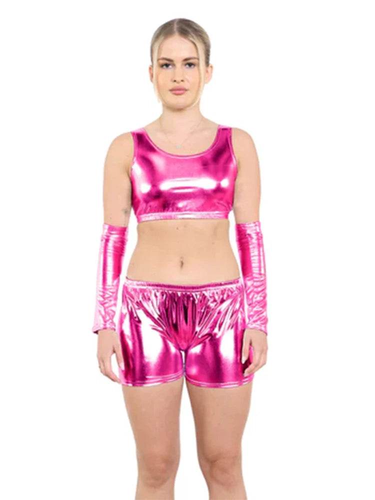 Women Shiny Metallic Crop Top - thefancydress.co.uk