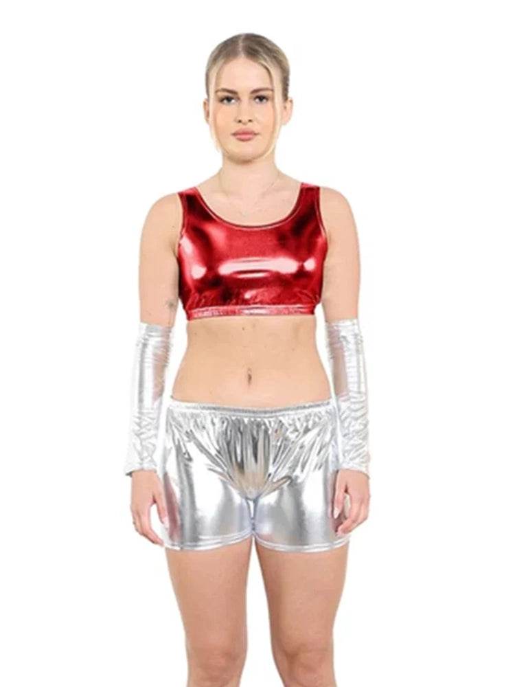 Women Shiny Metallic Crop Top - thefancydress.co.uk