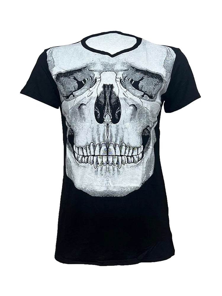 Women Scary Skull Printed Black T-Shirt - thefancydress.co.uk