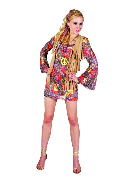 Women’s 3-Piece Woodstock Flower Costume – Dress, Medallion, Headpiece