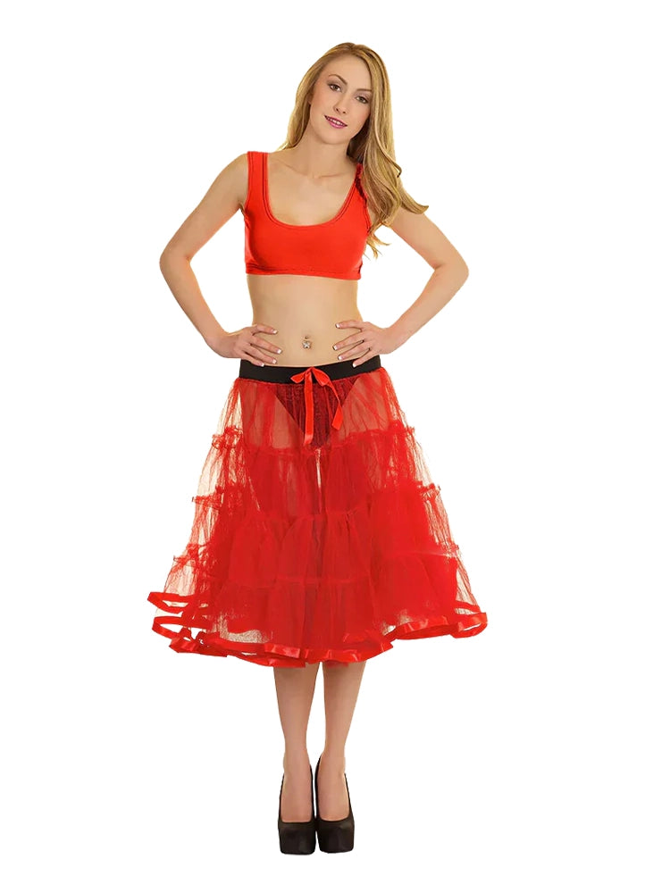 Women's 4 Tier Petticoat with Ribbon Tutu Skirt (23 Inches Long) red