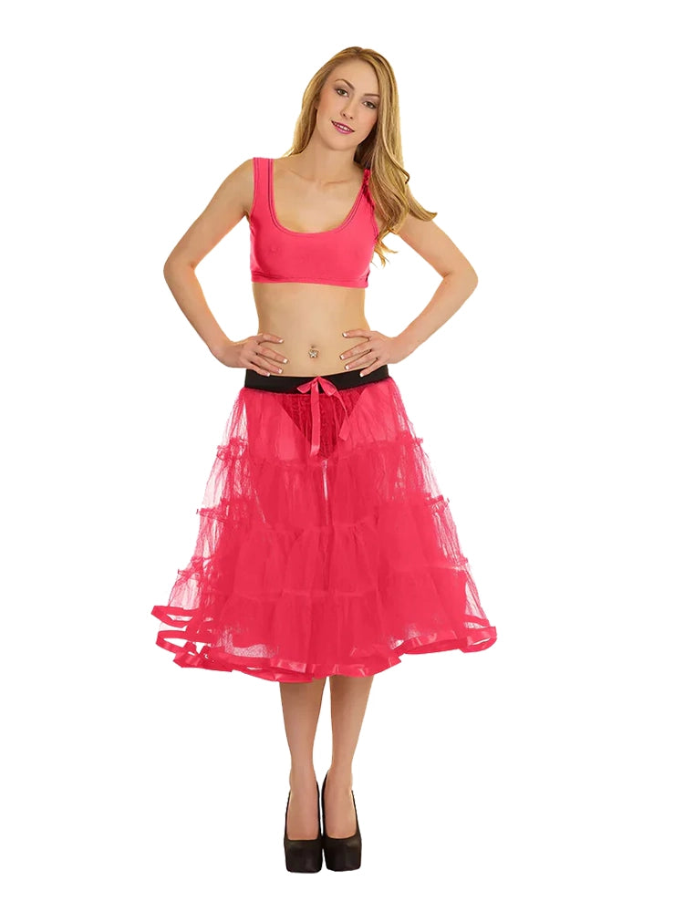 Women's 4 Tier Petticoat with Ribbon Tutu Skirt (23 Inches Long) pink