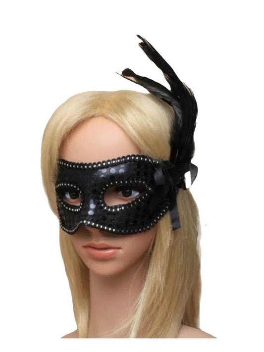 Women's Black Sequin and Feather Mask - thefancydress.co.uk