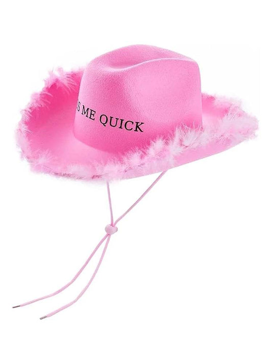 Women's Kiss Me Quick Fluffy Western Felt Wide Brim Cowboy Hat - thefancydress.co.uk