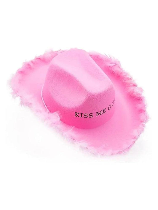 Women's Kiss Me Quick Fluffy Western Felt Wide Brim Cowboy Hat - thefancydress.co.uk