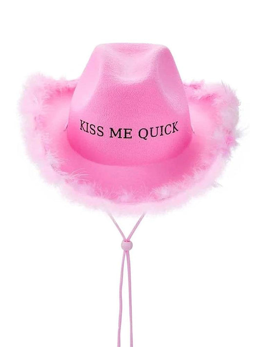Women's Kiss Me Quick Fluffy Western Felt Wide Brim Cowboy Hat - thefancydress.co.uk