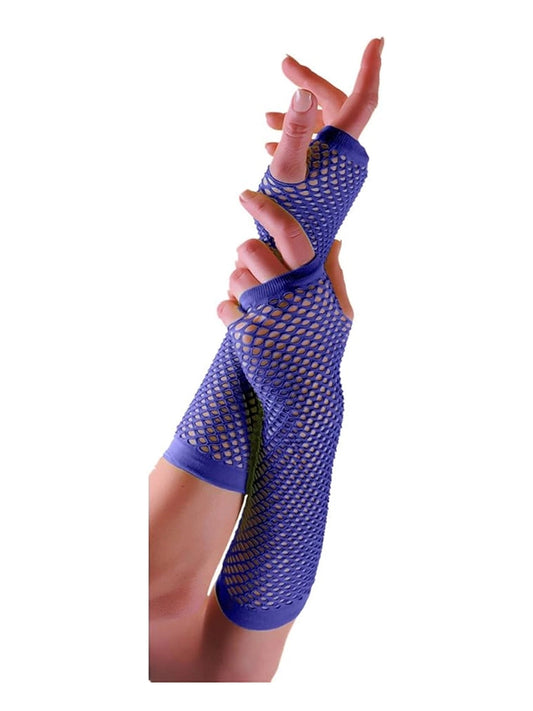 Women’s Long Fishnet Fingerless Gloves – 80s Fancy Dress Accessory blue