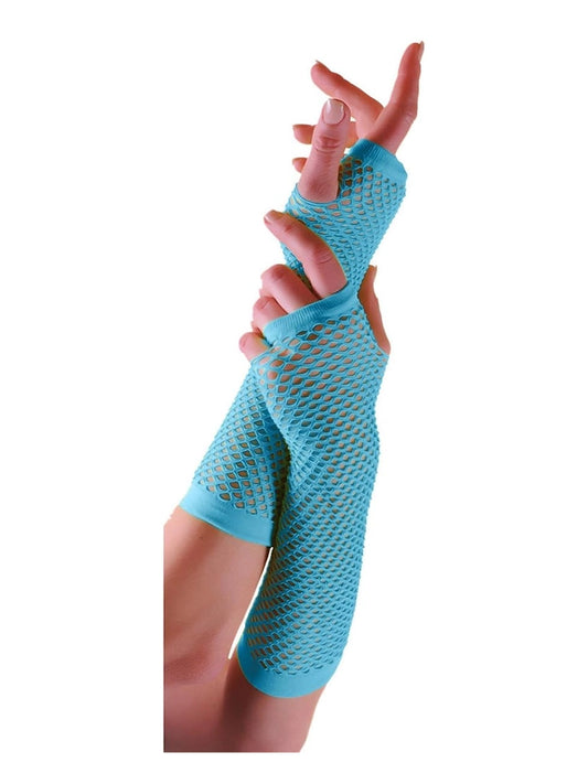 Women’s Long Fishnet Fingerless Gloves – 80s Fancy Dress Accessory turquoise
