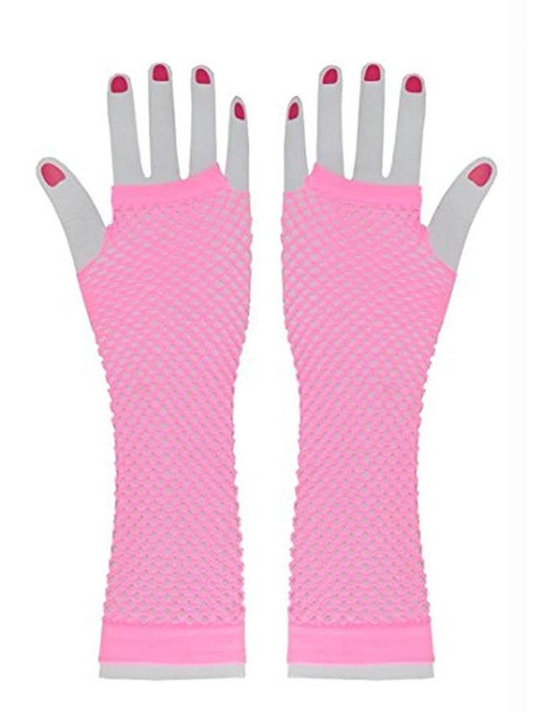 Women’s Long Fishnet Fingerless Gloves – 80s Fancy Dress Accessory light pink