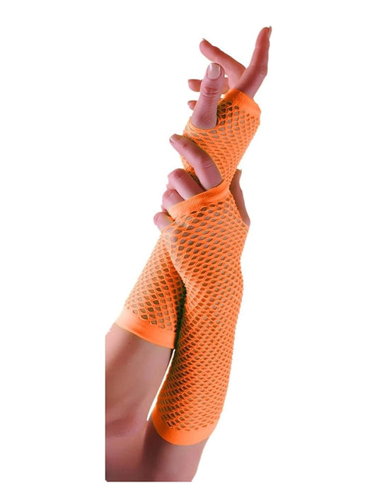 Women’s Long Fishnet Fingerless Gloves – 80s Fancy Dress Accessory orange