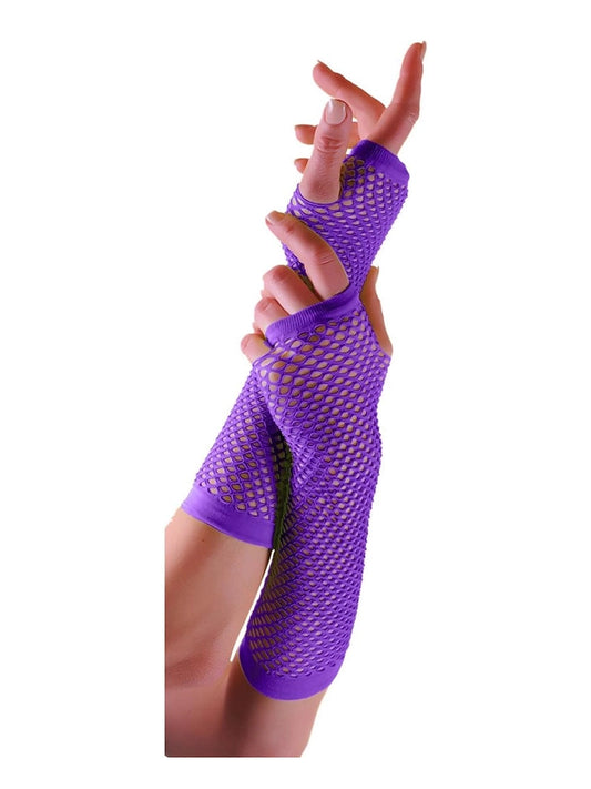 Women’s Long Fishnet Fingerless Gloves – 80s Fancy Dress Accessory purple