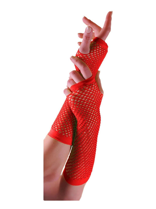 Women’s Long Fishnet Fingerless Gloves – 80s Fancy Dress Accessory red
