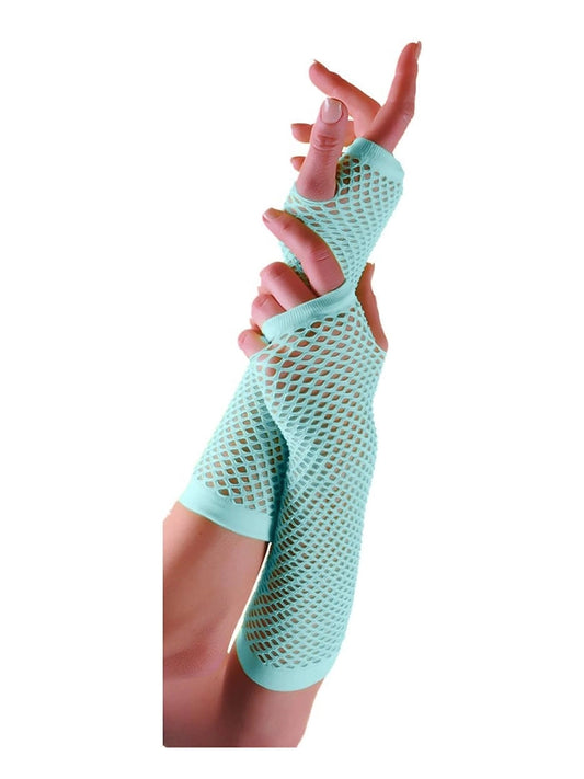 Women’s Long Fishnet Fingerless Gloves – 80s Fancy Dress Accessory light blue