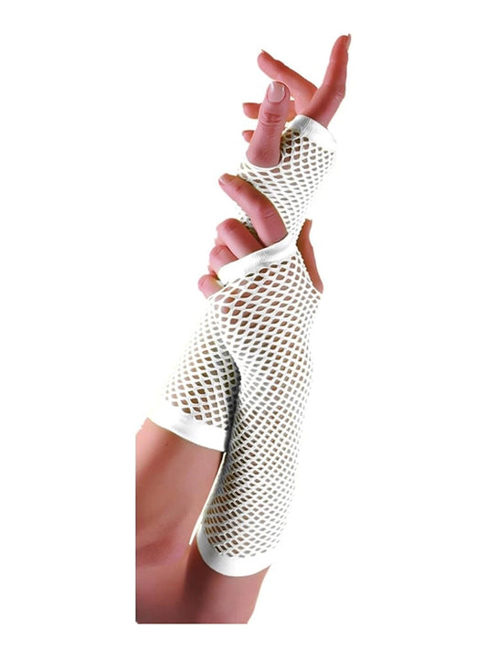Women’s Long Fishnet Fingerless Gloves – 80s Fancy Dress Accessory white