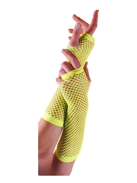 Women’s Long Fishnet Fingerless Gloves – 80s Fancy Dress Accessory yellow