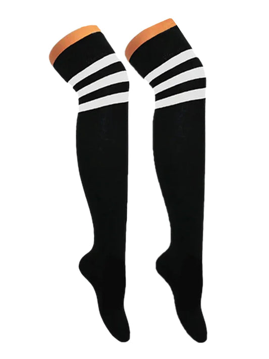 Women's Referee 3 Stripes Cotton Over the Knee Thigh High Socks black white