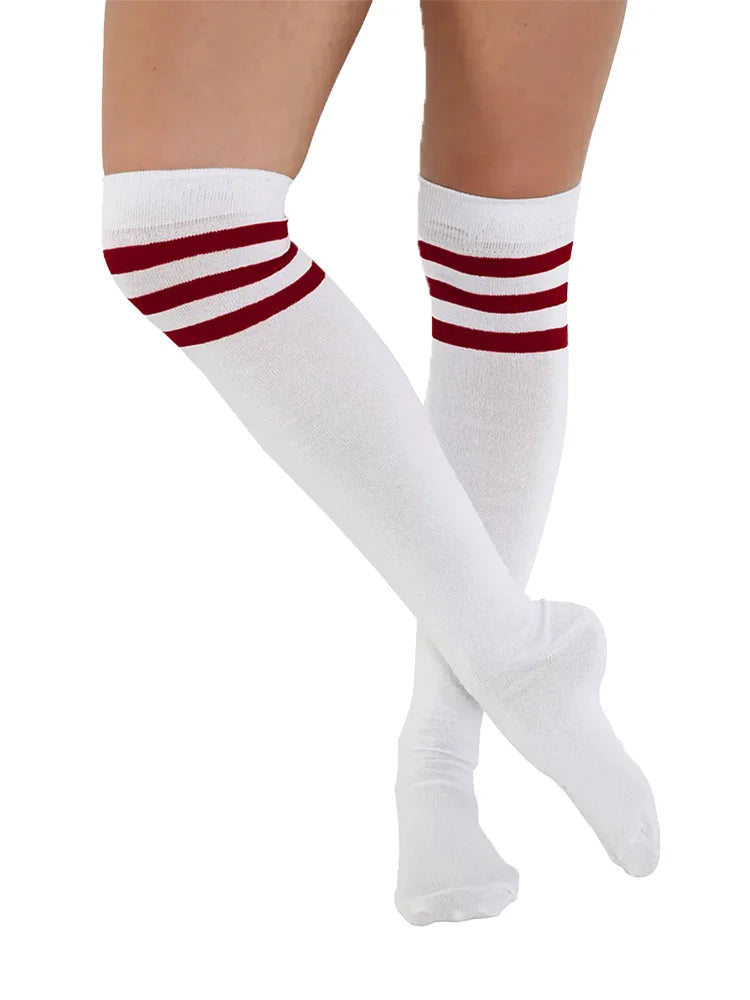 Women's Referee 3 Stripes Cotton Over the Knee Thigh High Socks red white