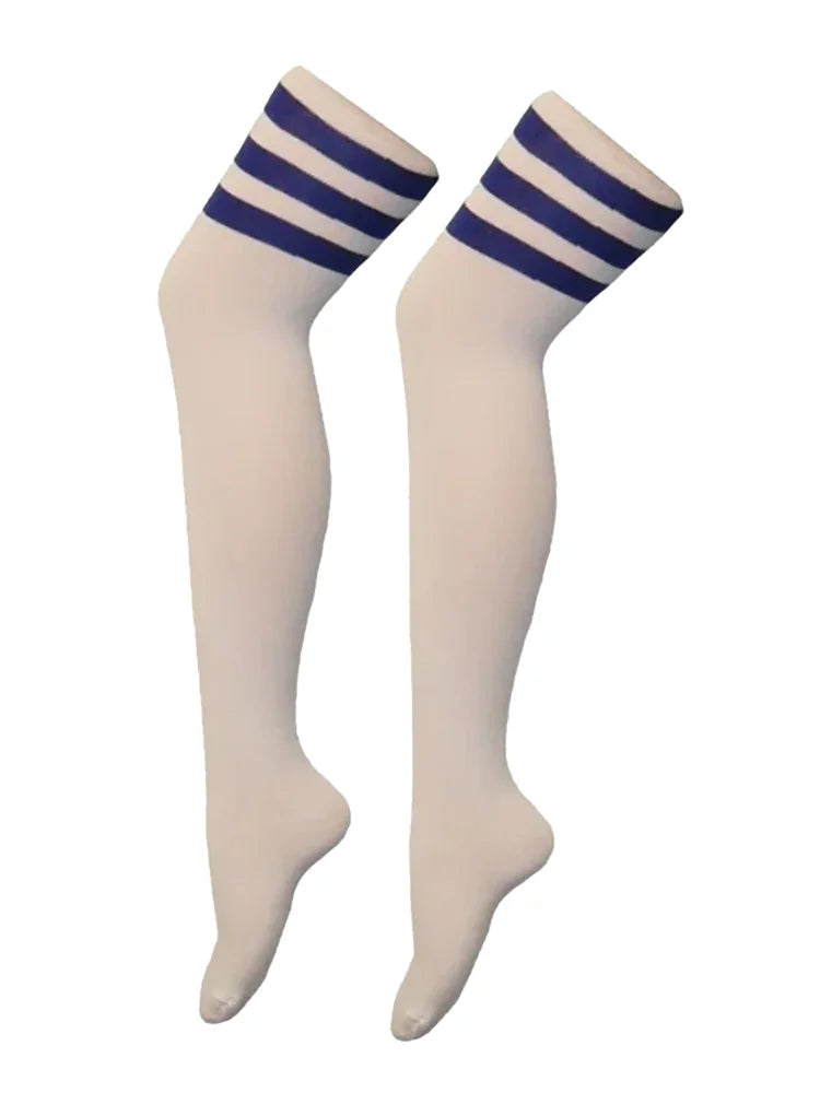 Women's Referee 3 Stripes Cotton Over the Knee Thigh High Socks white blue