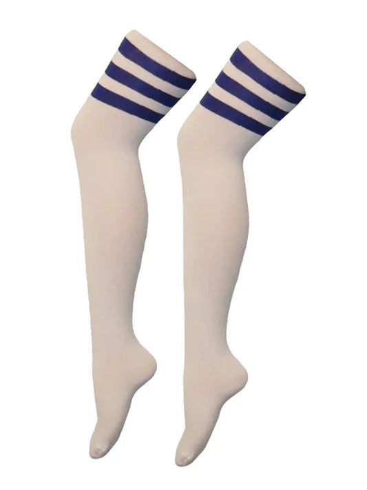 Women's Referee 3 Stripes Cotton Over the Knee Thigh High Socks white blue