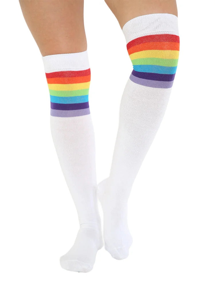 Women's Referee 3 Stripes Cotton Over the Knee Thigh High Socks rainbow