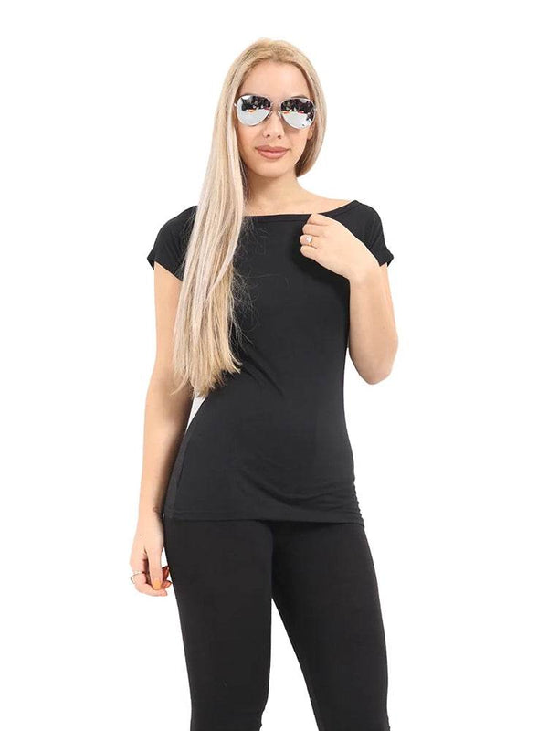 Women's Slash Neck Black Viscose T-Shirt - thefancydress.co.uk