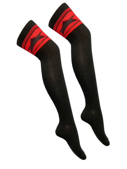 Womens 3 Stripes OTK Black With Red Cotton Thigh High Socks