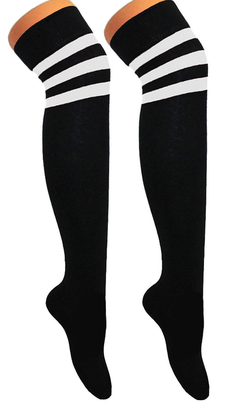Womens 3 Stripes OTK Black With White Cotton Thigh High Socks