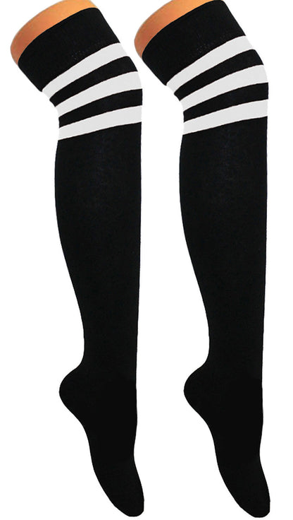 Womens 3 Stripes OTK Black With White Cotton Thigh High Socks