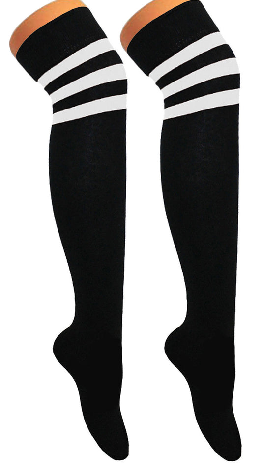 Womens 3 Stripes OTK Black With White Cotton Thigh High Socks