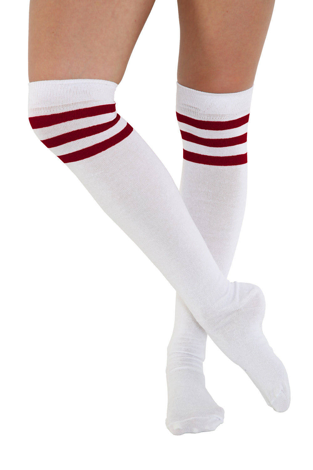 Womens 3 Stripes OTK Red With White Cotton Thigh High Socks