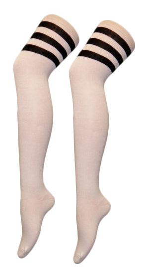 Womens 3 Stripes OTK White With Black Cotton Thigh High Socks